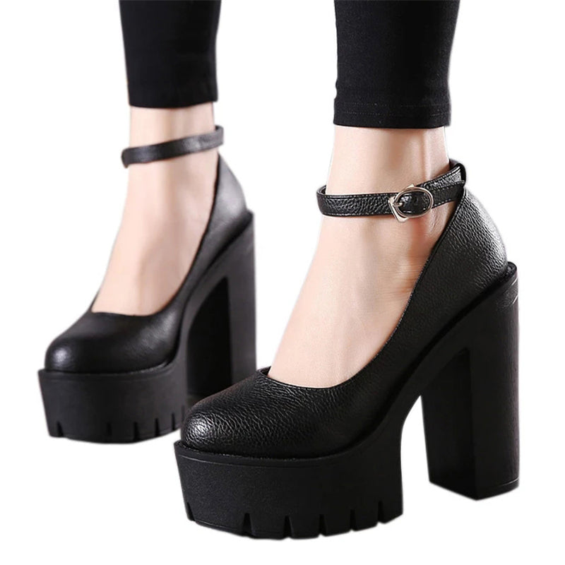 New Casual Black High-Heeled Shoes Sexy Thick Heels Platform Pumps