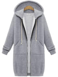Comfortable Full Zipper Pocket Drawstring Hooded Midi Coat