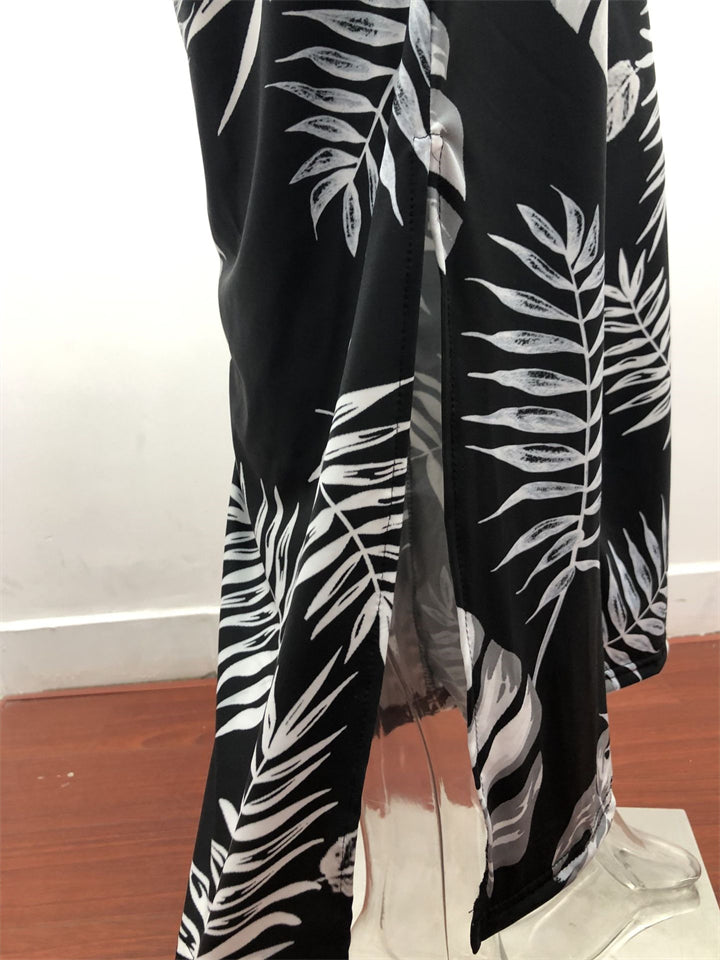 Women's Sexy Backless Digital Print Halter Side Slit Jumpsuit
