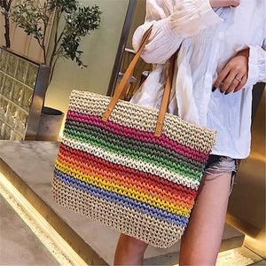 New Casual Rainbow Color Straw Handbags Large Capacity Beach Bag
