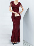 V-Neck Short Sleeve Graceful Slim Sequins Solid Color Long Evening Dresses