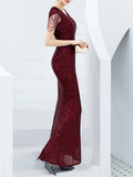 V-Neck Short Sleeve Graceful Slim Sequins Solid Color Long Evening Dresses