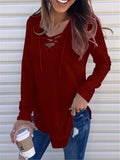 Women's Casual Solid Color Lace-up Neck Long Sleeve Tops