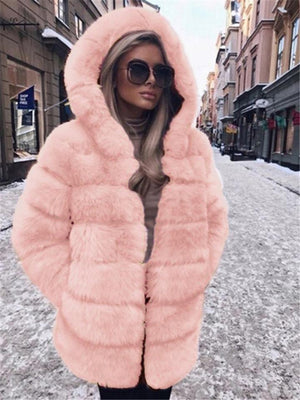 Ultra Comfortable Pocket Faux Fur Hooded Midi Length Coat