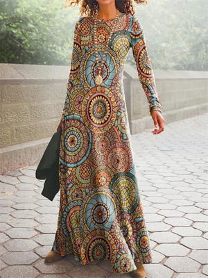 National Style Paisley Print Long Sleeve Extra Loose Women Dress for Autumn Winter