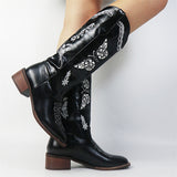 Butterflies Embroidered Chunky Heels Mid Calf Boots