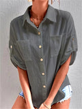 Women‘s Comfortable Half Sleeve Pocket Lapel Cotton Blend Shirts