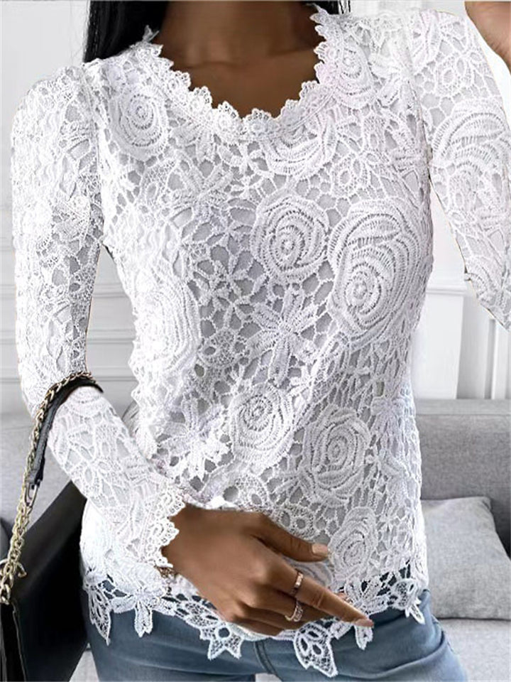 Ladies Elegant Lace Rose Pattern Long Sleeve Pullover Tops
