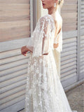 Flowing Floral Applique Cap Sleeve Backless Dress for Wedding