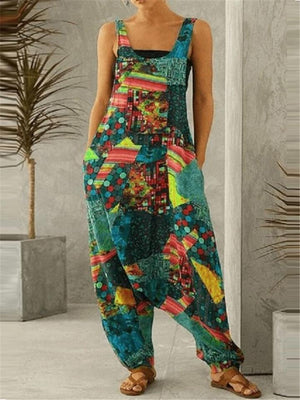 Trendy Loose Fit Scoop Neck Printed Sleeveless Pocket Jumpsuit