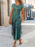 Round Neck Short Sleeve Pocket Floral All-Over Print Curved Hem Dress