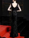 Gorgeous V Neck Sequined Backless High Slit Dress for Evening
