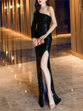 Shimmery Sequined Thigh High Slit Dress for Evening Party