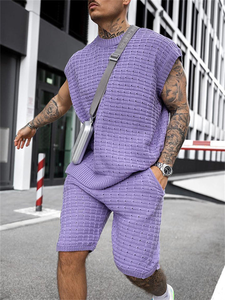 Men's Sporty Trendy Loose Sleeveless Knitted Tops+Knee Shorts