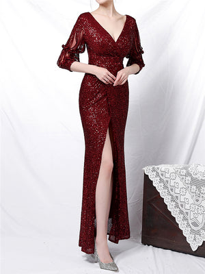 Elegant Sexy Deep-V Design Solid Color Split Decorated Sequins Evening Dresses