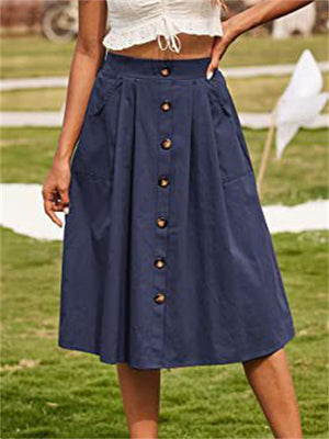 Summer Leisure High Rise Mid Length Button Up A-line Skirt for Women