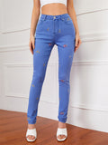 Campus Style Lovely Small Floral Embroidery Slim Fit Blue Denim Jeans