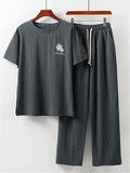 Loose Fit Linen 2-Piece Daisy Embroidered T-Shirt + Drawstring Full-Length Pants