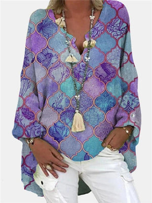Loose Fit Notched V Neck Floral Printed Long Sleeve Pullover Tops