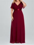 Women V-Neck Chiffon Short Sleeve Ruffle Evening Dress