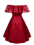 Elegant 1950S Classical Off Shoulder Lace Ruffle Dress