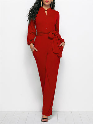 Fashion Minimalist Solid Color Long Sleeve Lace-up Waist Jumpsuits