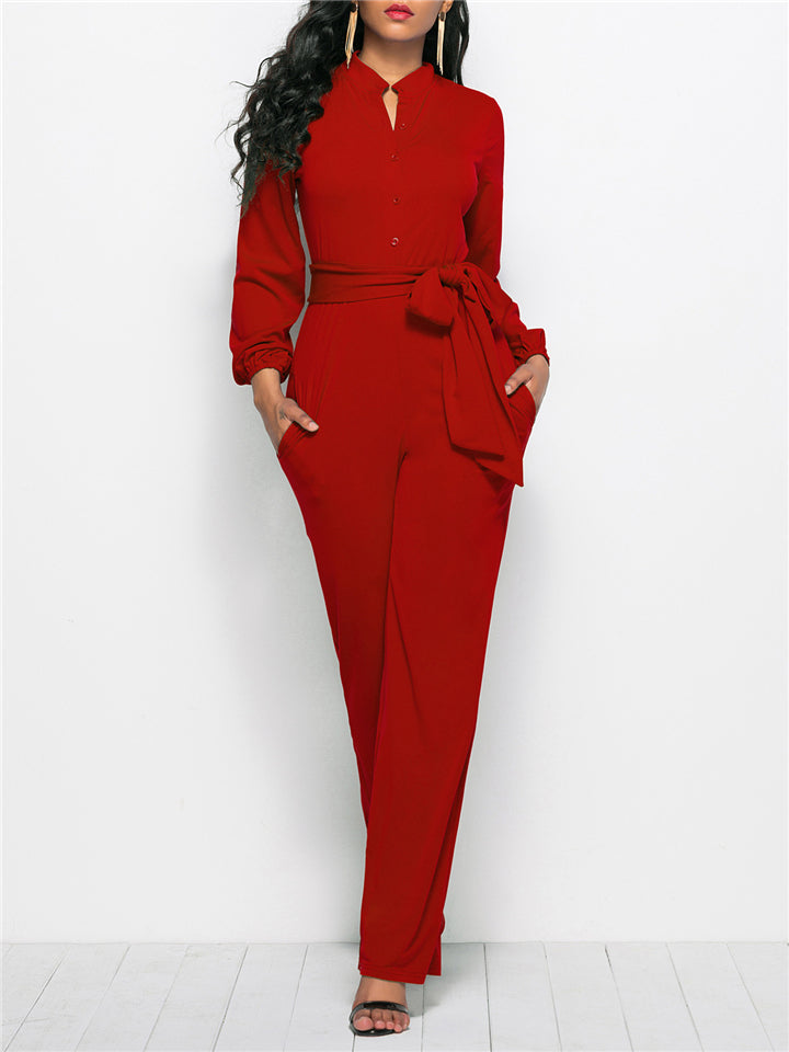 Fashion Minimalist Solid Color Long Sleeve Lace-up Waist Jumpsuits