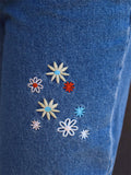Women's Retro Floral Embroidery High Rise Straight Leg Denim Pants