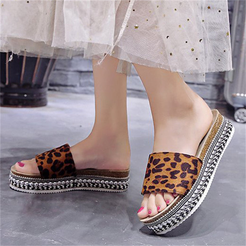 Summer Lady Elegant Thicken Platform Leopard Women Slippers