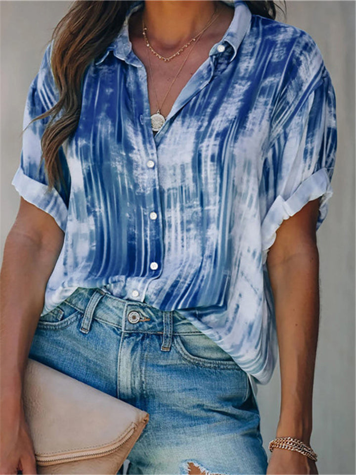 Relaxed Fit Lapel Collar Tie-Dye Button Up Short Sleeve Blouse