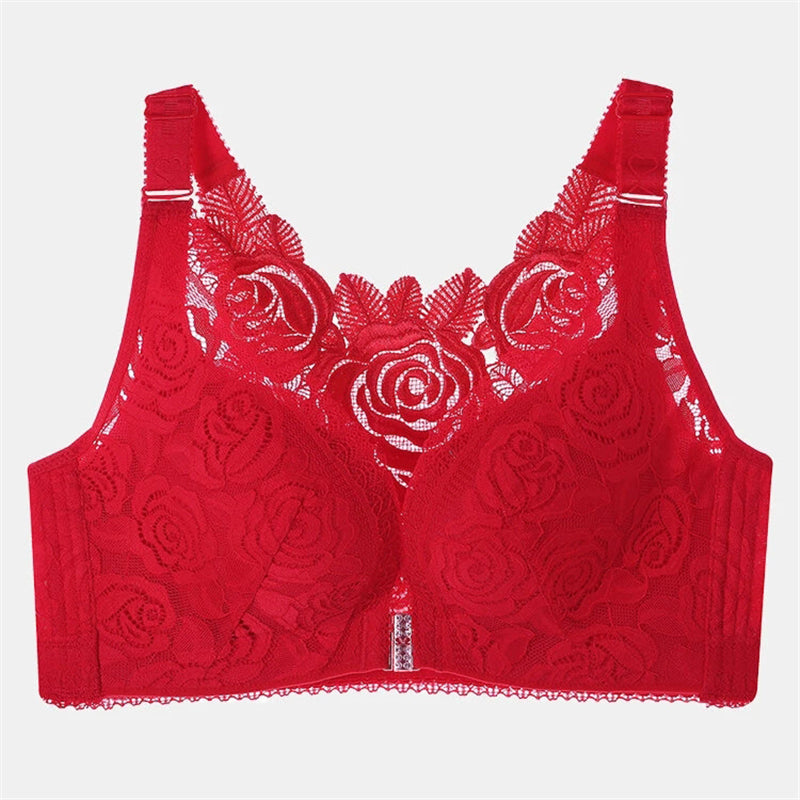 Rose Embroidery Back Front Closure Lace Bras - Red