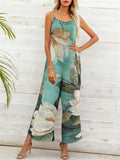 Sunny Holiday Art Print Thin Straps Straight Leg Jumpsuit for Lady