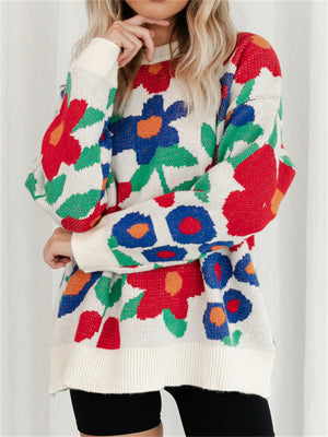 Casual Round Neck Floral Pullover Sweater