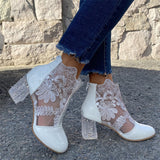 Ladies Summer Trendy Chunky Heeled Lace Mesh Pumps