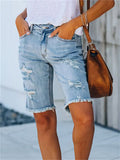 Trendy Solid Color Ripped Short Denim Pants