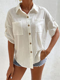 Women‘s Comfortable Half Sleeve Pocket Lapel Cotton Blend Shirts