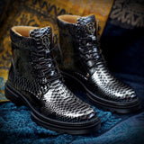 Men's Snake Printing Leather Martin Boots