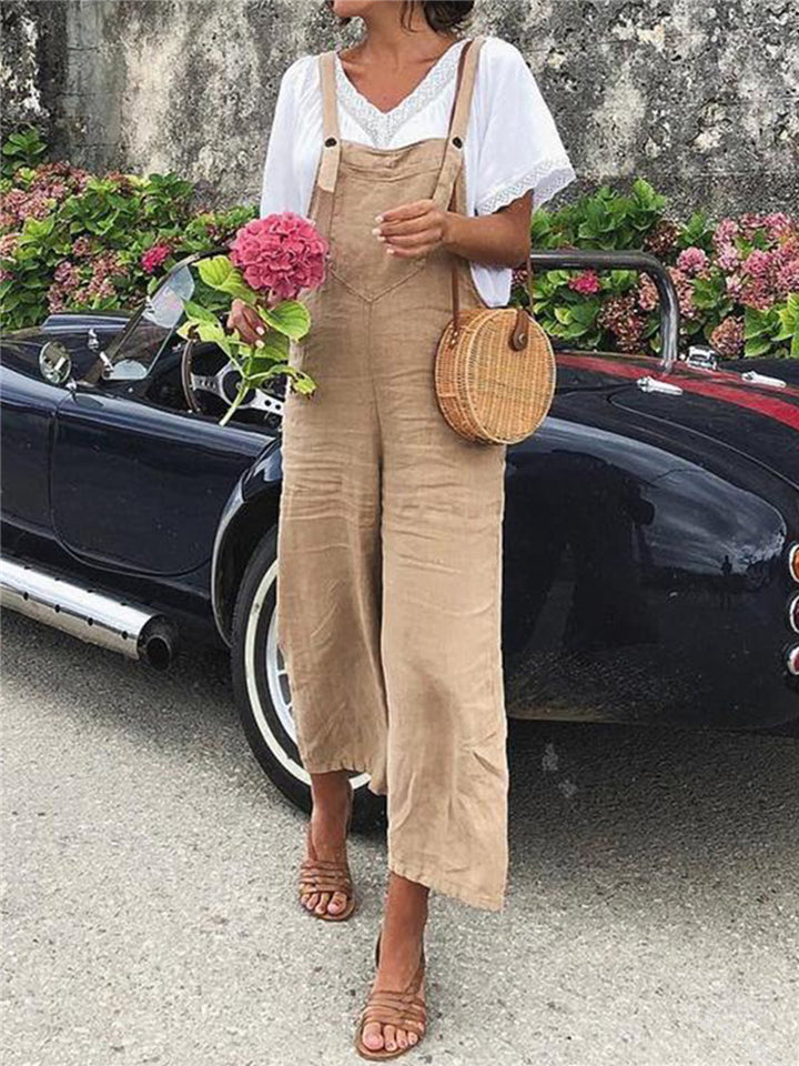 Casual Cotton Linen Loose Solid Color Overall For Women