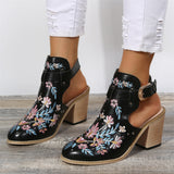 Women's Retro Floral Embroidery Buckle Chunky Heels Pumps