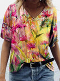 Loose Fit Multicolor Printed V Neck Pullover Short Sleeve T-Shirt