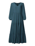 Stylish V Neck Long Sleeve Elastic Cuff Pleated Maxi Dress