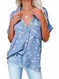 Female Short Sleeve Star Print V-neck Breasted Blouse