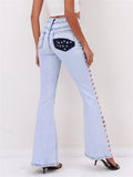 Women's Super Cool Street Style Contrast Color Red Stripe Bell Bottom Denim Jeans