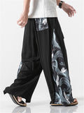 Linen Cotton Elastic Waistband Drawstring Pleated Detailing Crane Print Full Length Pants