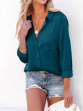 Office Lady Simple Button Pocket Comfortable Pure Color Silk Blouses