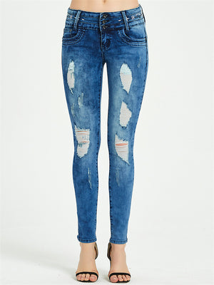 Women's Casual Style Floral Embroidery Buttons Denim Jeans