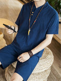 Lightweight Linen Two-Piece Outfit Wrap Neck T-Shirt + Elastic Waistband Knee-Length Pants