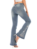 Women's Fashion 3D White Floral Embroidery Bell Bottom Striped Jeans