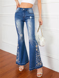 Women's Washed Effect Floral Embroidery Bell Bottoms Jeans for Summer Autumn