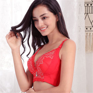 Women's Plus Size Lace Patchwork Wireless Full Coverage Bras - Red
